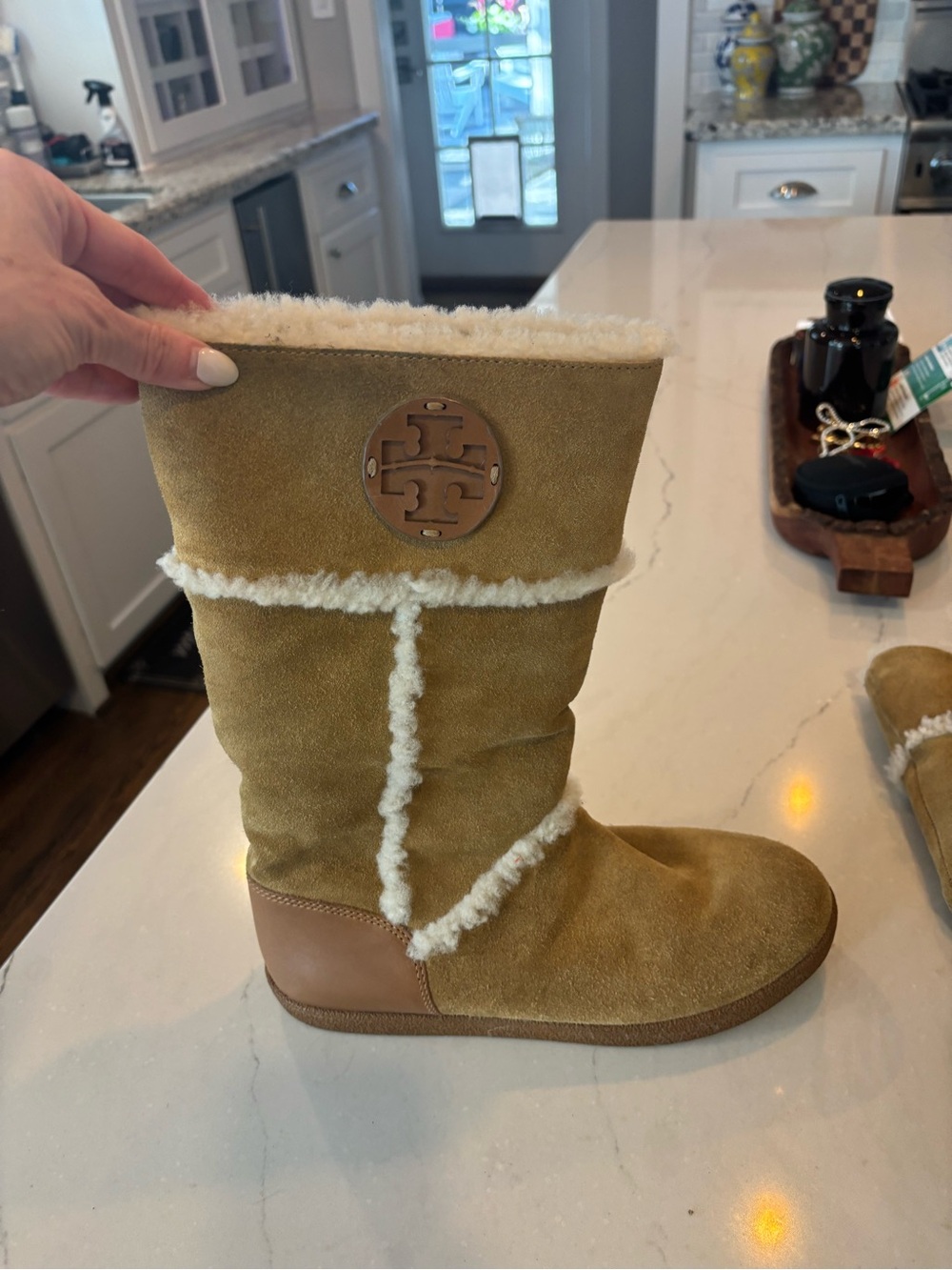 Tory Burch Chestnut Suede Shearling-Trim Mid-Calf Boot size 8